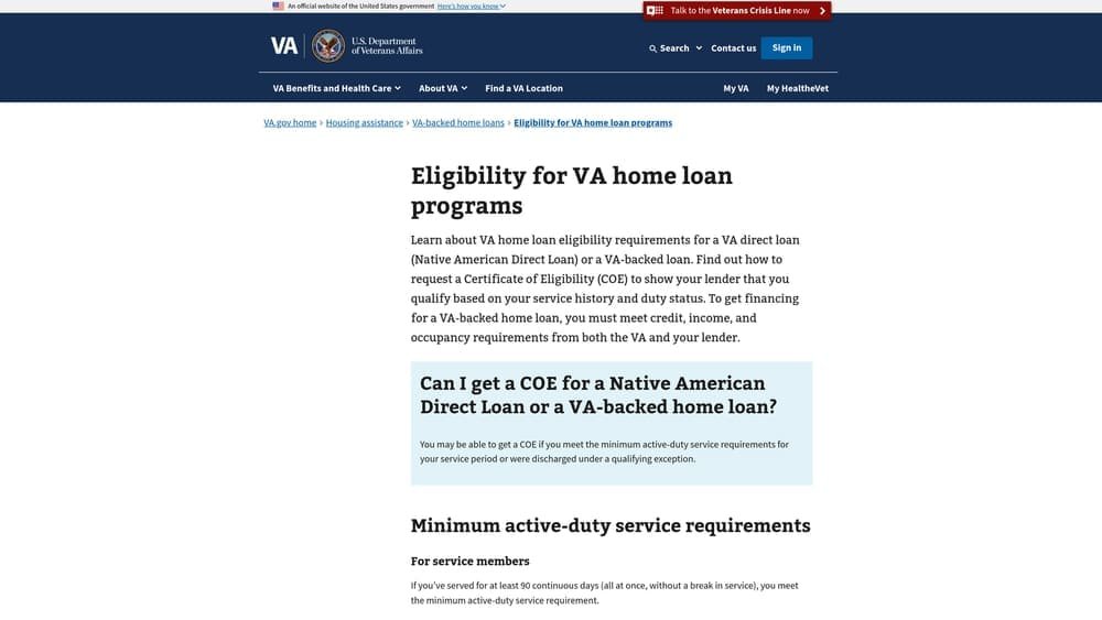 Screenshot of VA.gov Certificate of Eligibility Tool website