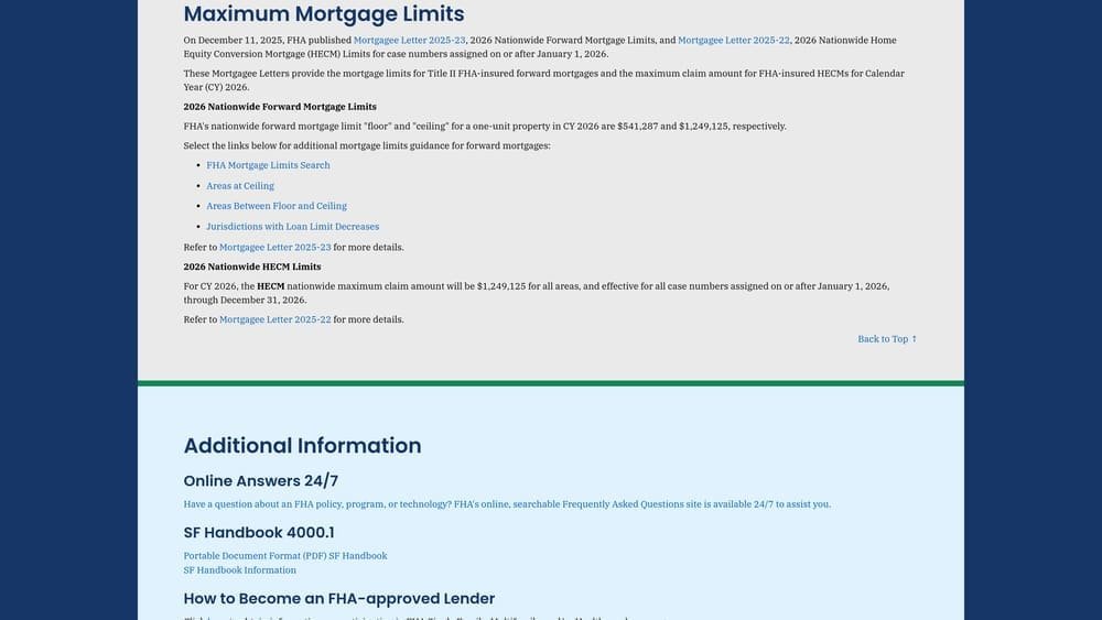 Screenshot of HUD.gov FHA Loan Limits and Lender Search website