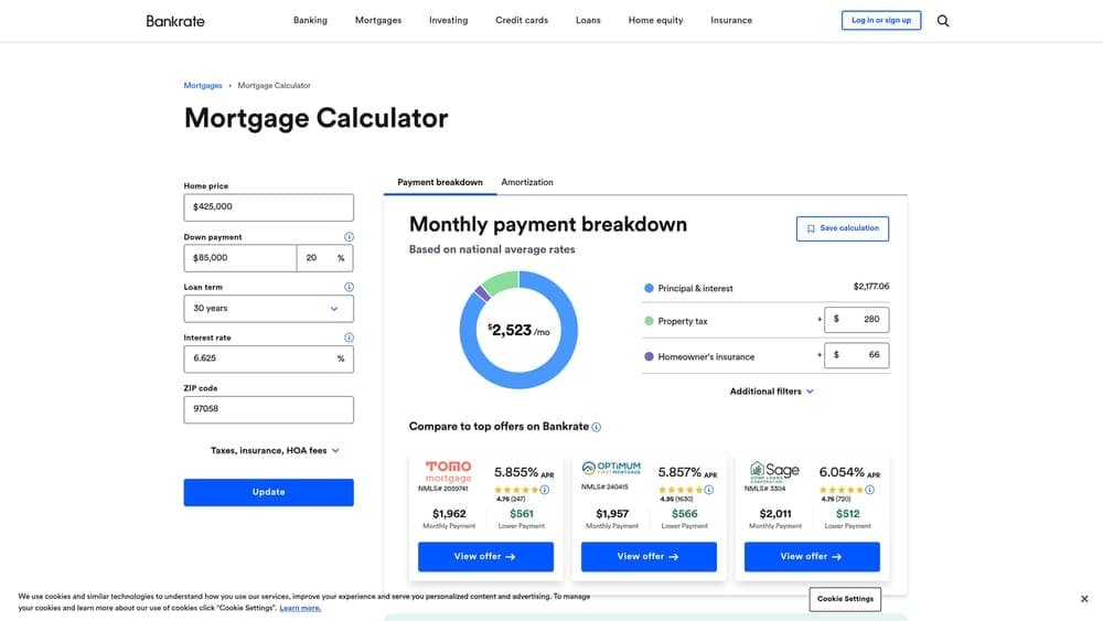 Screenshot of Bankrate Mortgage Calculator website