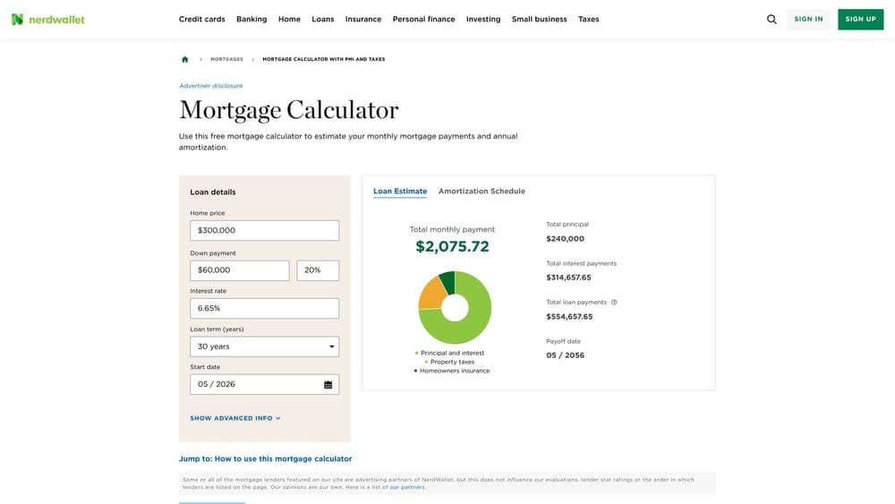 Screenshot of NerdWallet Mortgage Calculator website