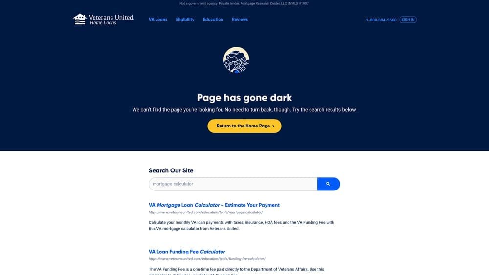 Screenshot of Veterans United Mortgage Calculator website